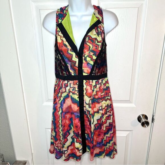 Gibson Latimer Red Black Fit and Flare Party Dress Zig Zag Lace Colorful 6 - Picture 4 of 10